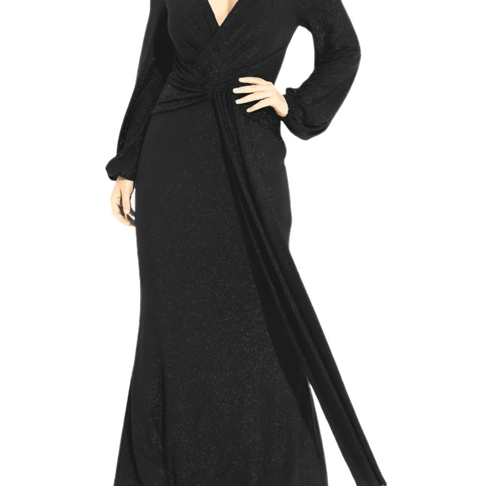 NWOT Joseph Ribkoff gathered black shimmer floor length long sleeve size 6 gown